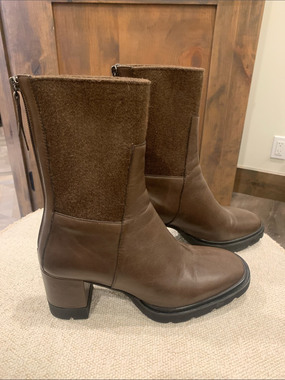 Brown Leather & Felt Mid-Calf Block Heel Boots